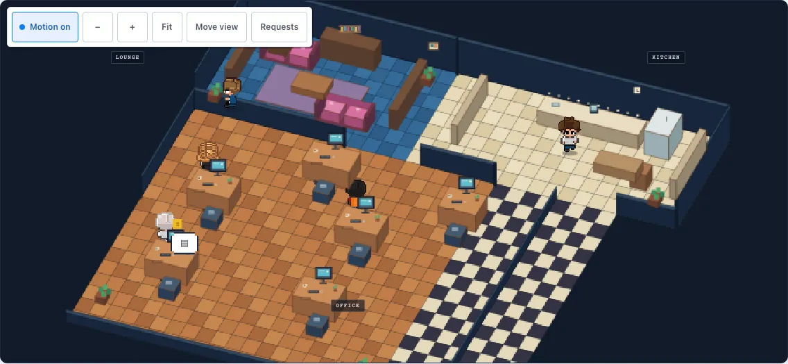 A close-up of the office floor. Characters work at desks with monitors, and a speech bubble hovers over one desk.