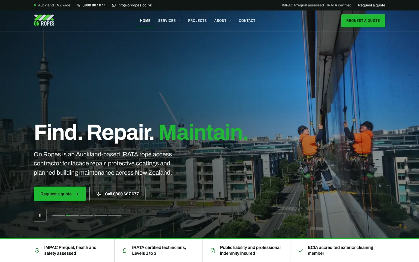 The On Ropes home page on a desktop screen. A full-width photograph of two rope access technicians on a glass facade, with the headline Find. Repair. Maintain. and buttons to request a quote or call.
