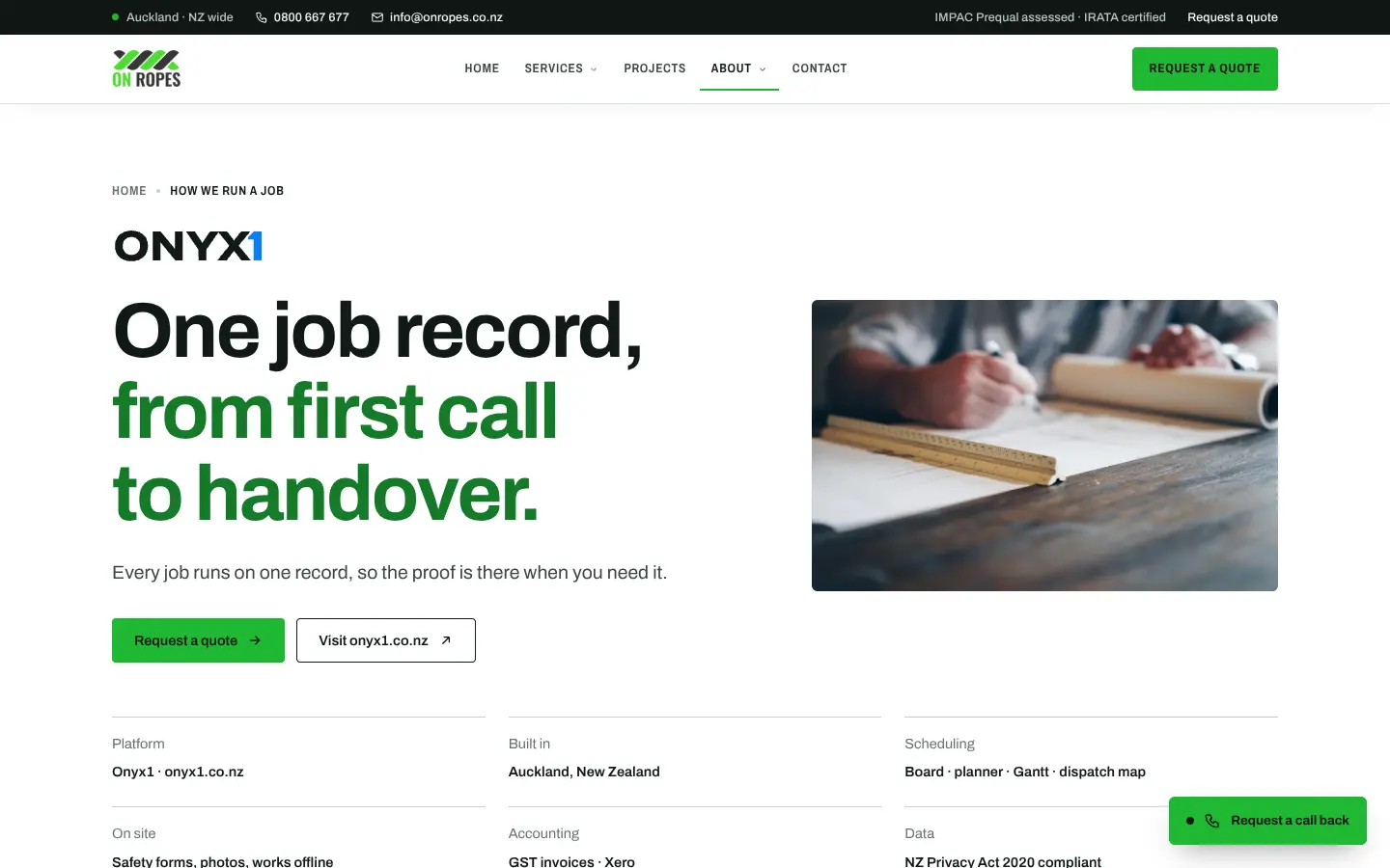 The On Ropes How we run a job page, with the ONYX1 logo and the headline One job record, from first call to handover.