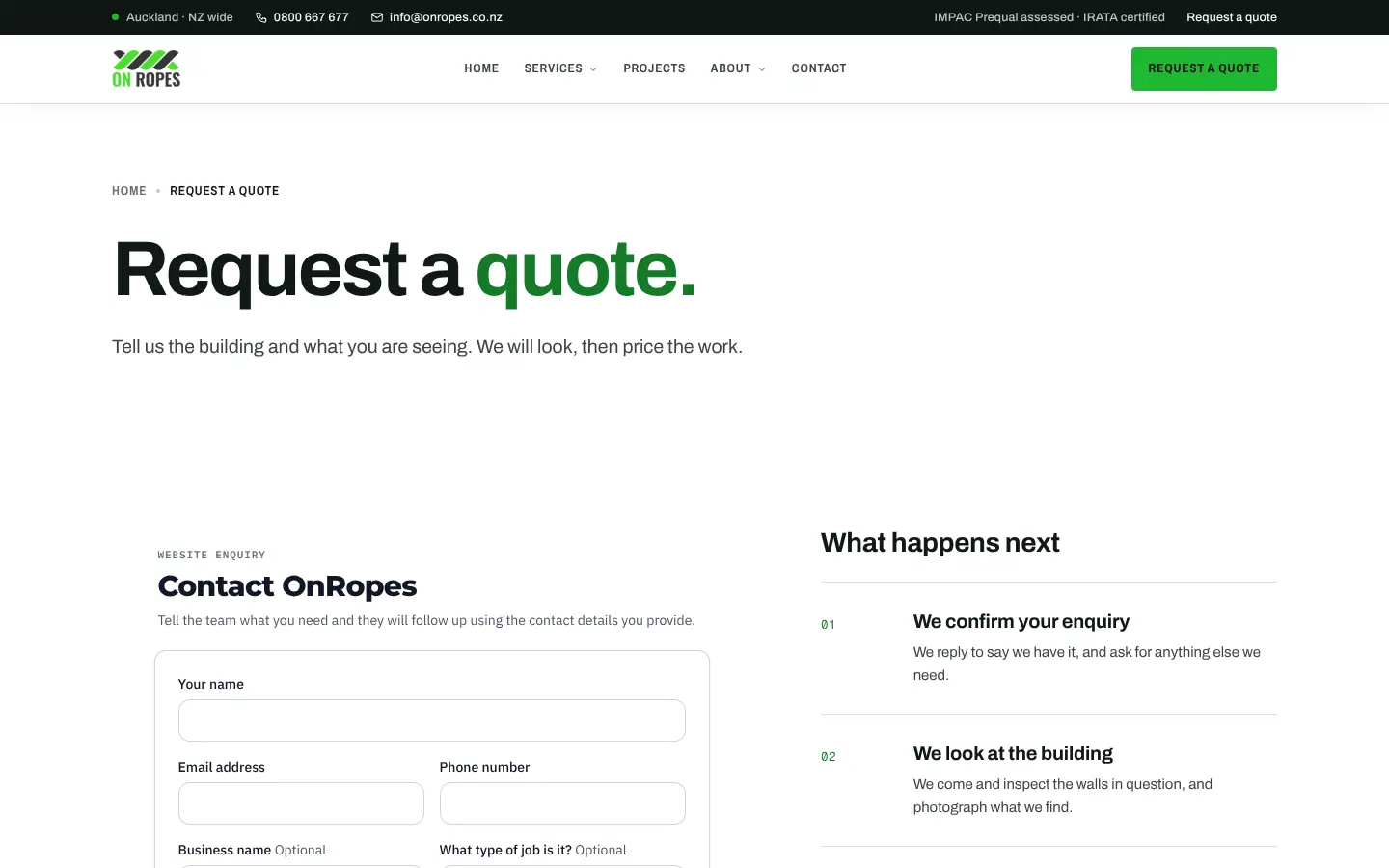 The On Ropes Request a quote page. An embedded ONYX1 enquiry form sits beside a What happens next list.