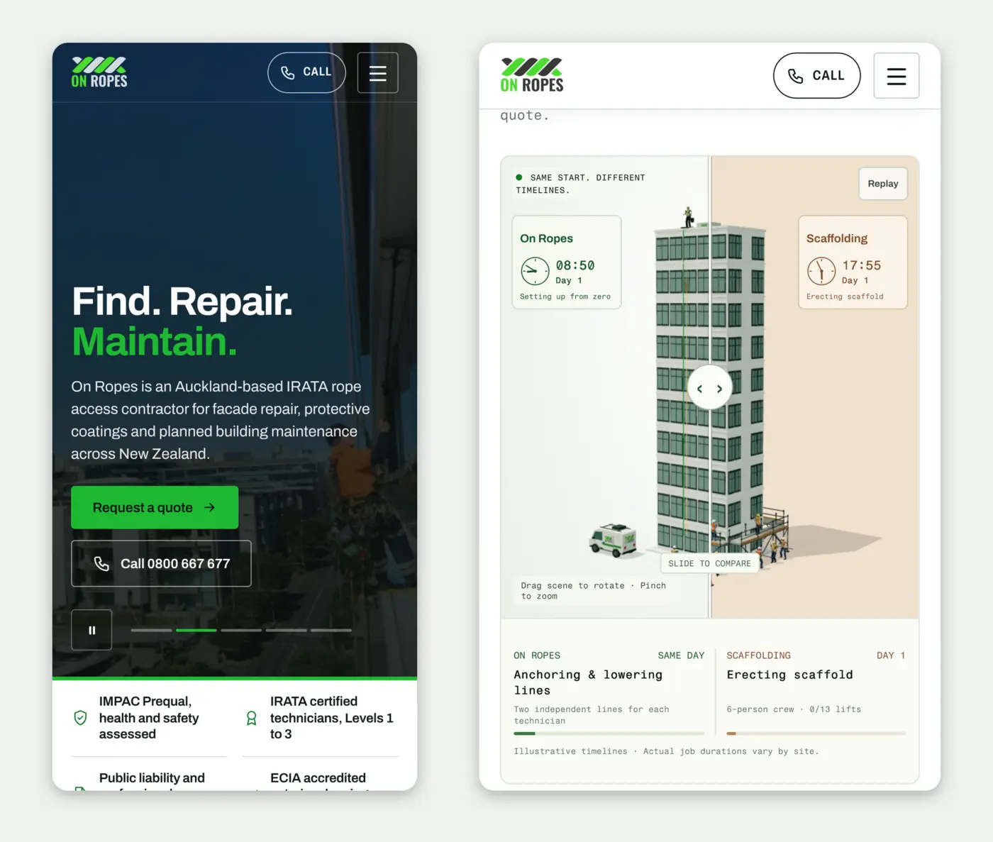 Two phone screens. The left shows the On Ropes home page hero. The right shows the 3D comparison with the On Ropes clock on day one and the scaffolding clock still erecting scaffold.