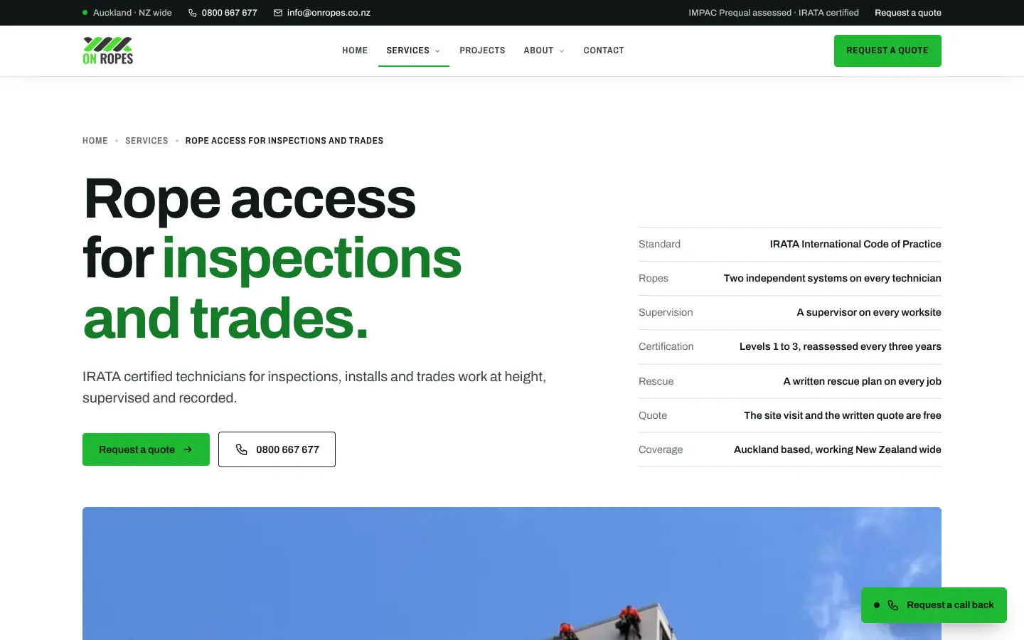 An On Ropes service page for rope access. The headline sits beside a spec table listing the standard, ropes, supervision, certification, rescue, quote and coverage.
