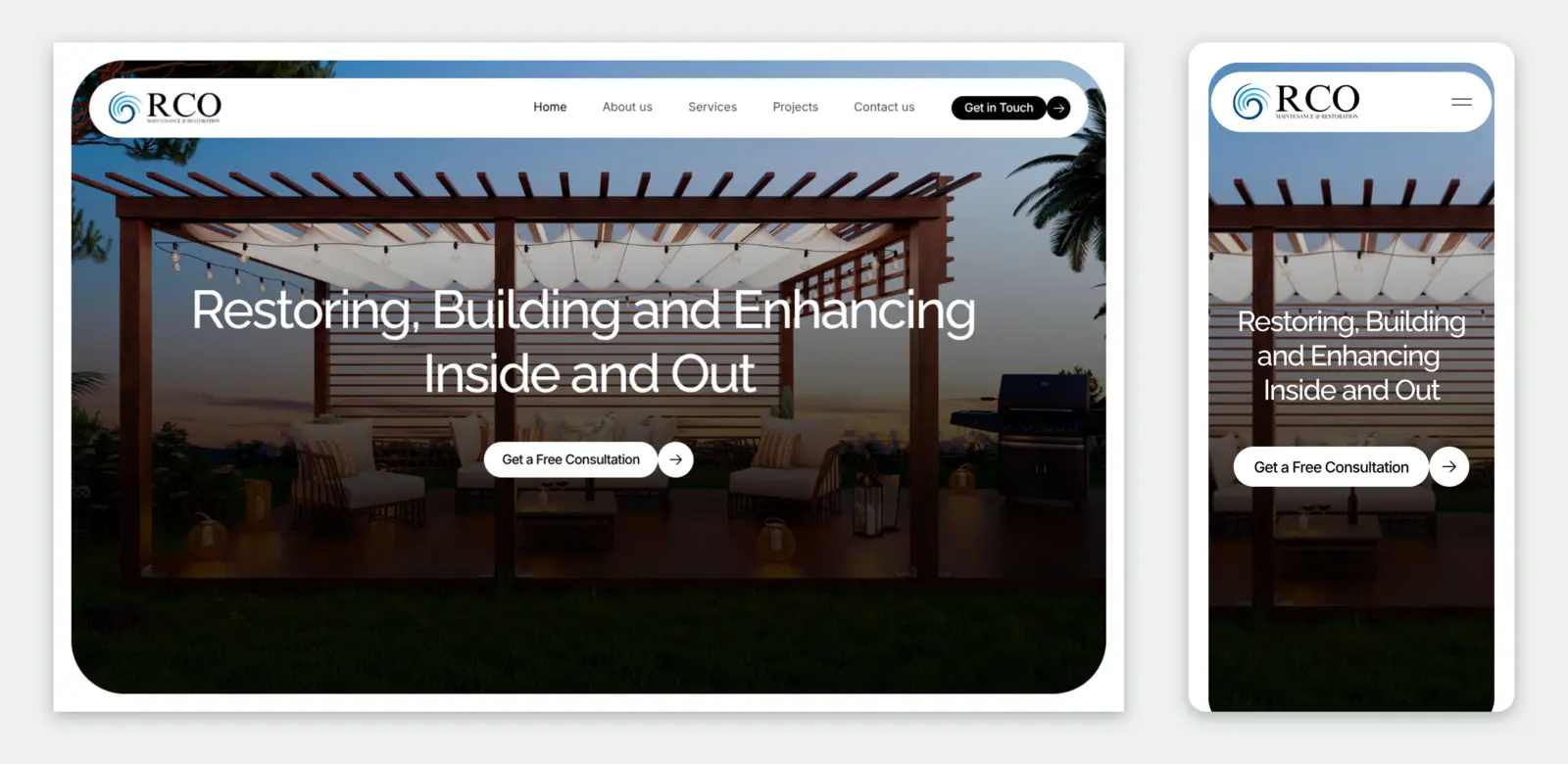 The RCO home page on a desktop screen and a phone. A pergola and outdoor living area at dusk sits behind the headline Restoring, Building and Enhancing Inside and Out.
