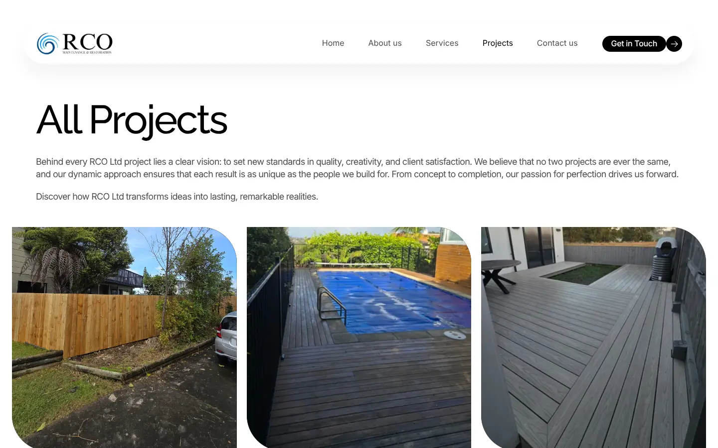 The RCO All Projects page, showing photographs of timber fencing, a pool fence and a composite deck.
