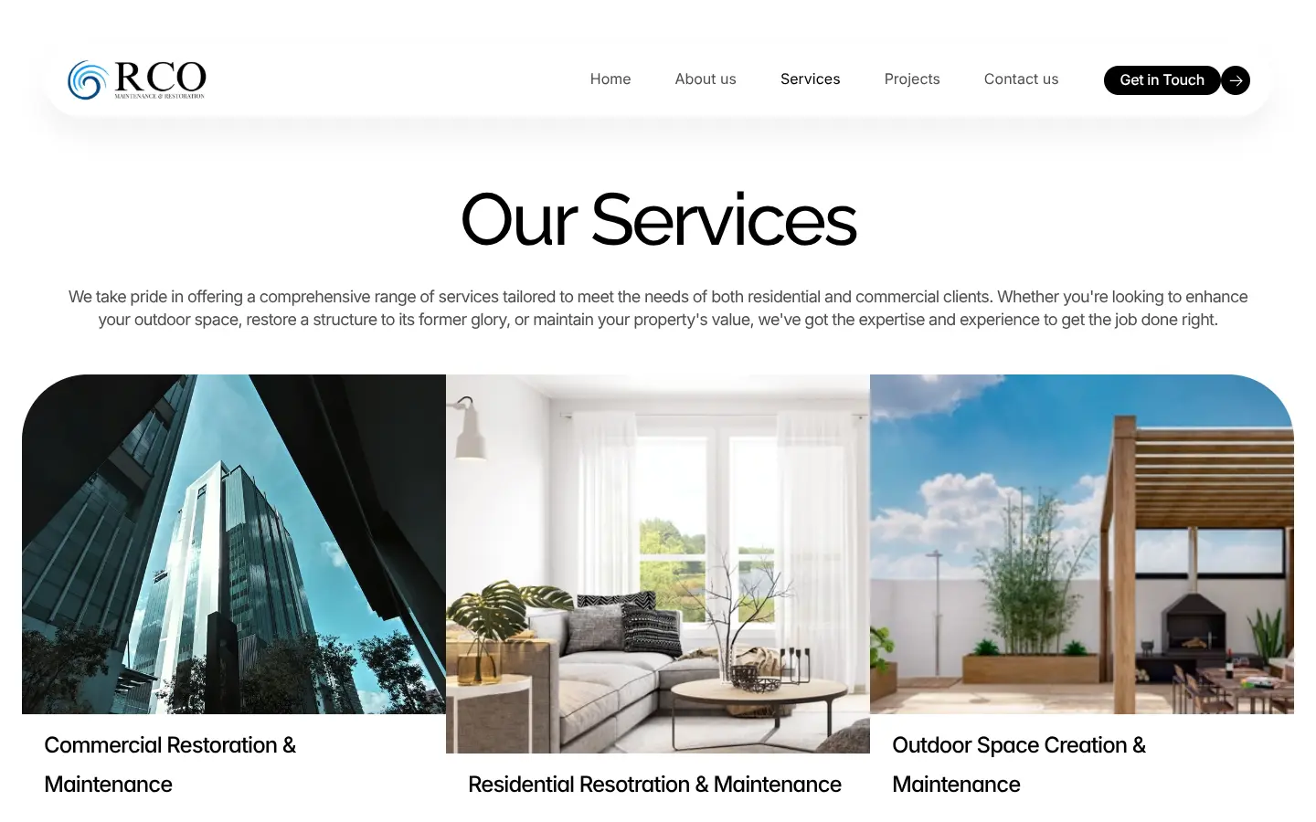 The RCO Our Services page, with three photographs for commercial, residential and outdoor space work.
