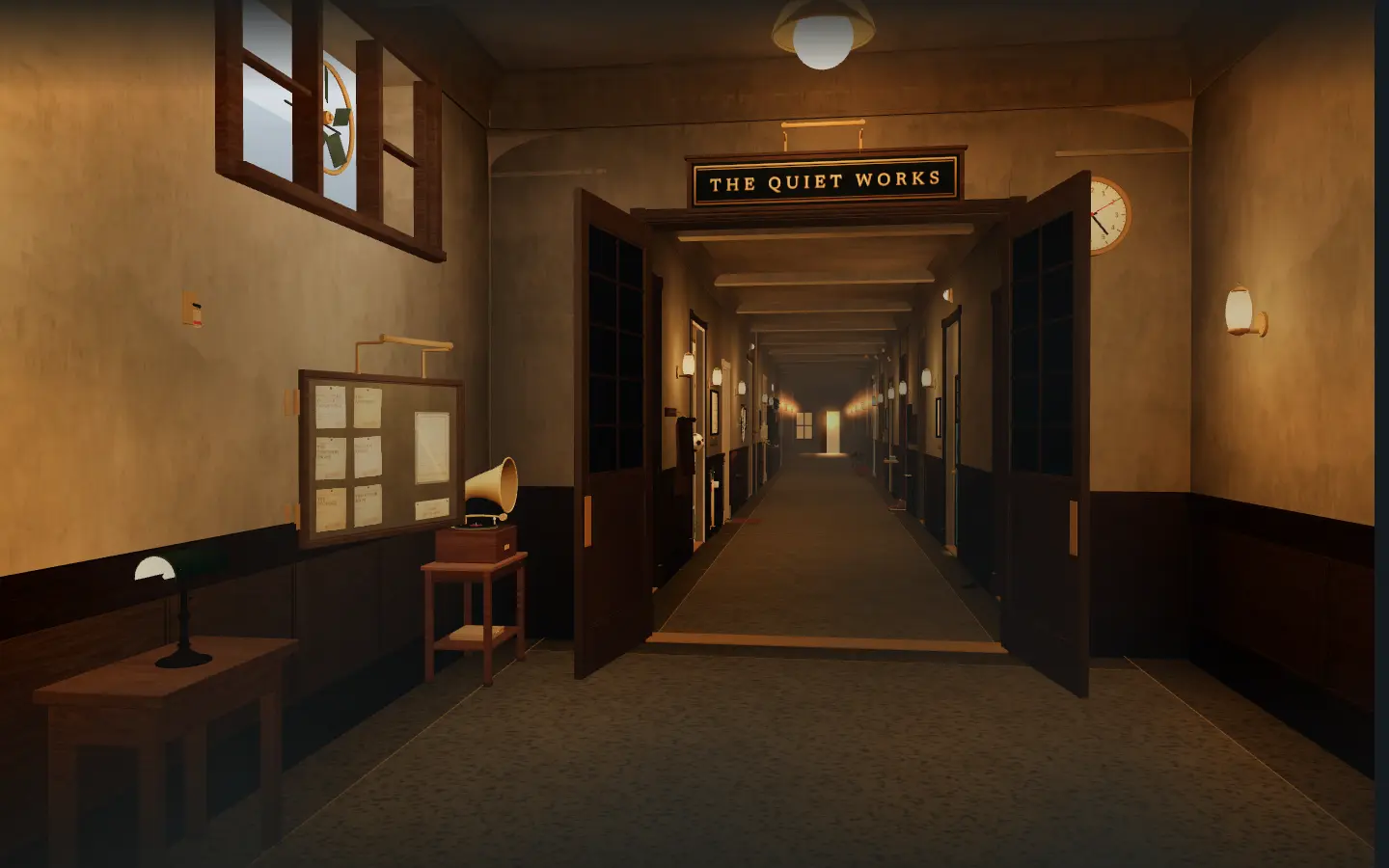The corridor of The Quiet Works seen through open double doors under a brass sign reading THE QUIET WORKS. Lamps light a long hall of mismatched doors that fades into the dark.