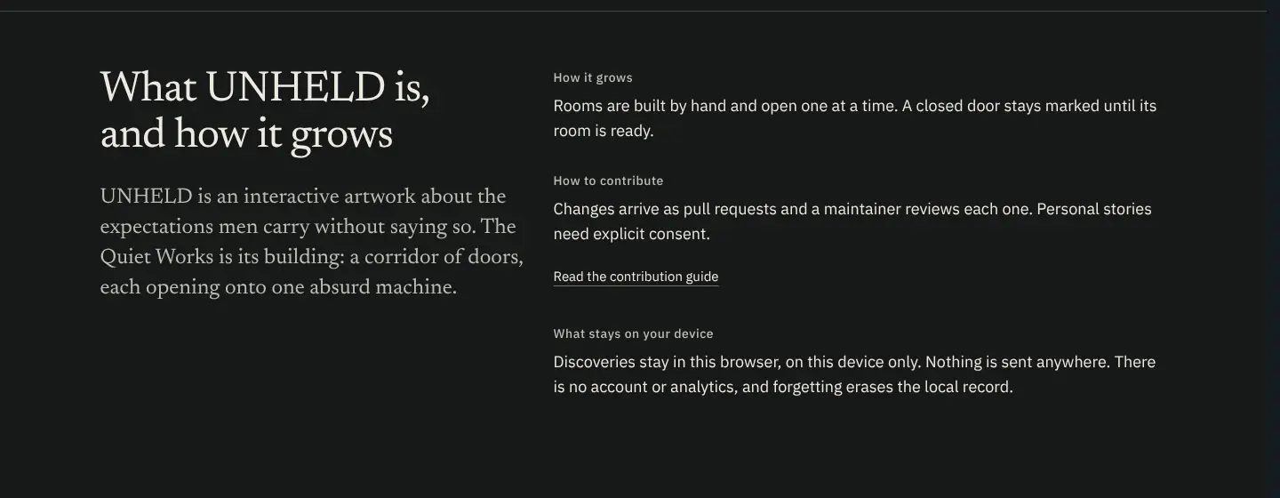 The landing page section titled What UNHELD is, and how it grows, explaining that rooms open one at a time, that changes arrive as reviewed pull requests, and that discoveries stay on the device.