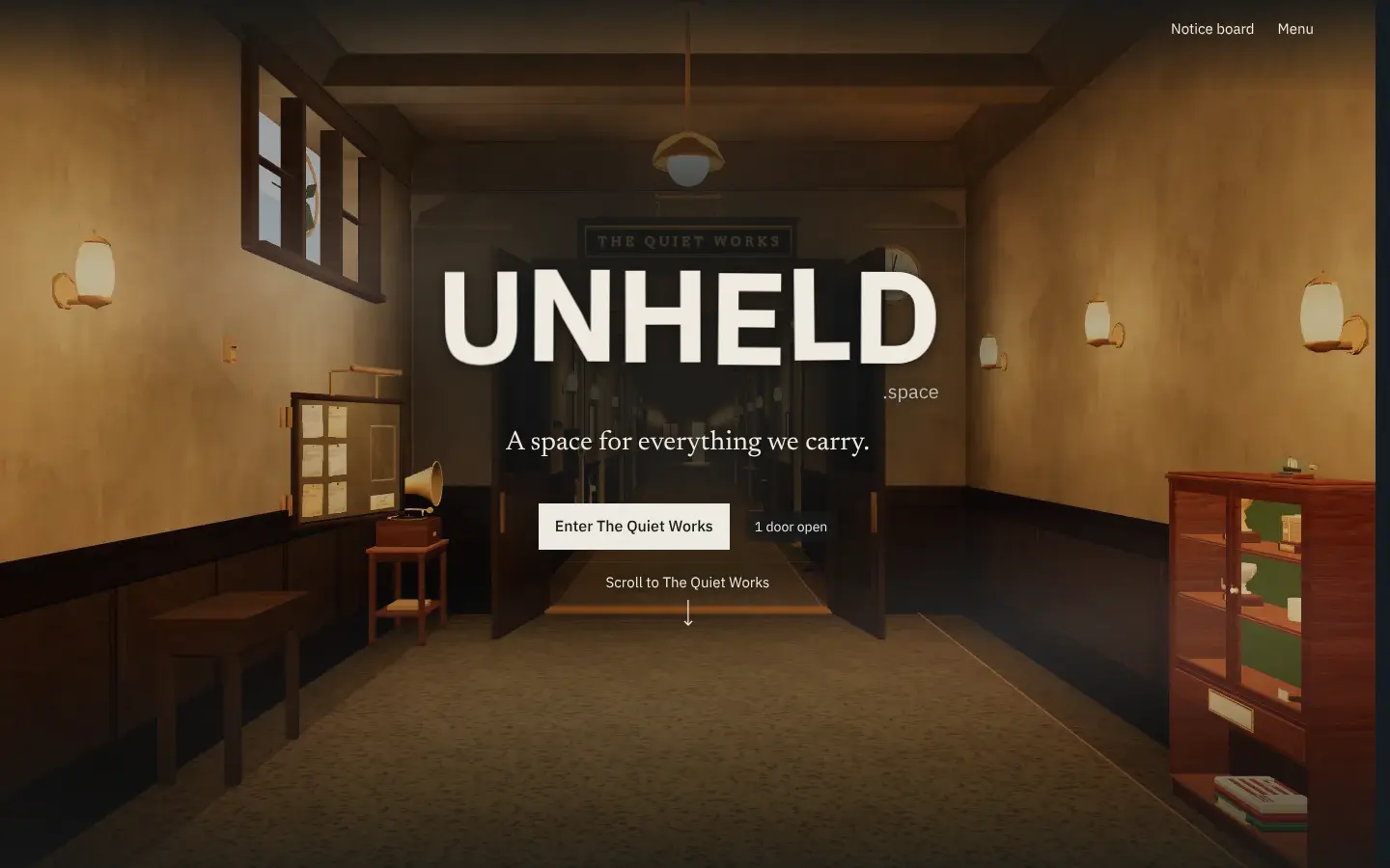 The UNHELD landing page. The title UNHELD and the line A space for everything we carry sit over a warmly lit 1910s lobby with oak panelling, brass wall lamps, a gramophone and a pair of double doors.